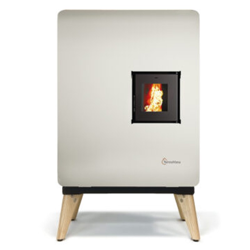 Stufa a pellet ermetica TermoVana Wave 8,0 Plus Bianca con piedini in legno, 7kW Stufa a pellet ermetica TermoVana Wave 8,0 Plus Bianca con piedini in legno, 7kW