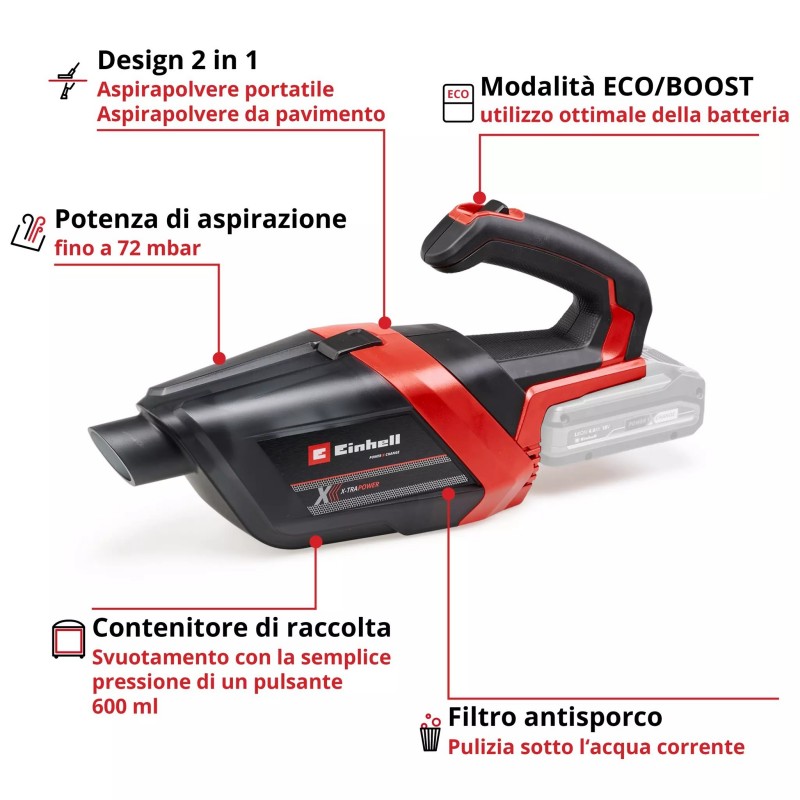 EINHELL ASPIRAPOLVERE PORTATILE A BATTERIA TE-HV 18/06 Li - Solo