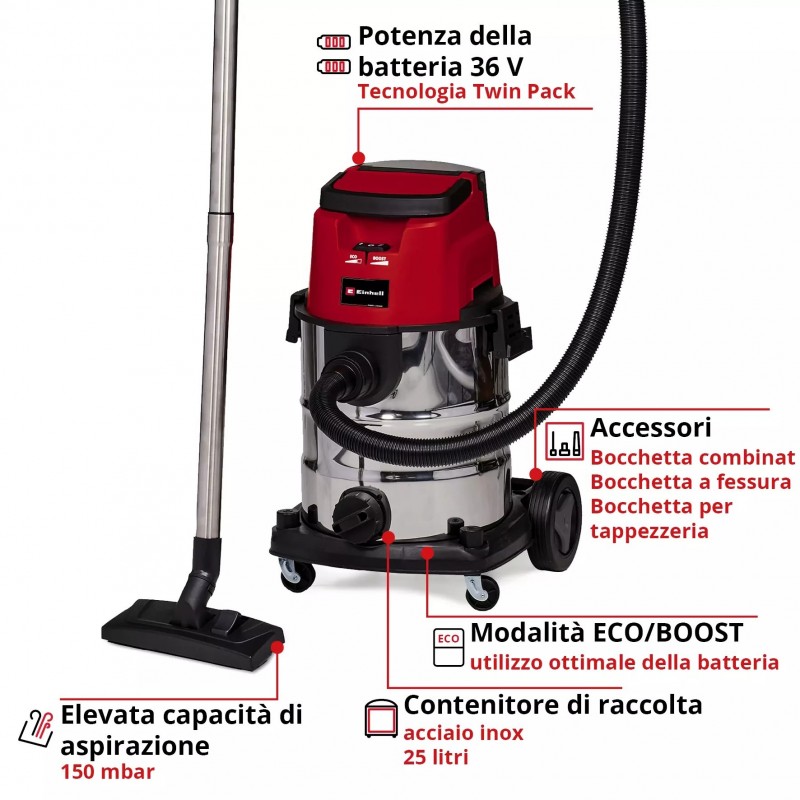 EINHELL ASPIRASOLIDI E LIQUIDI A BATTERIA TE-VC 36/25 Li S-Solo