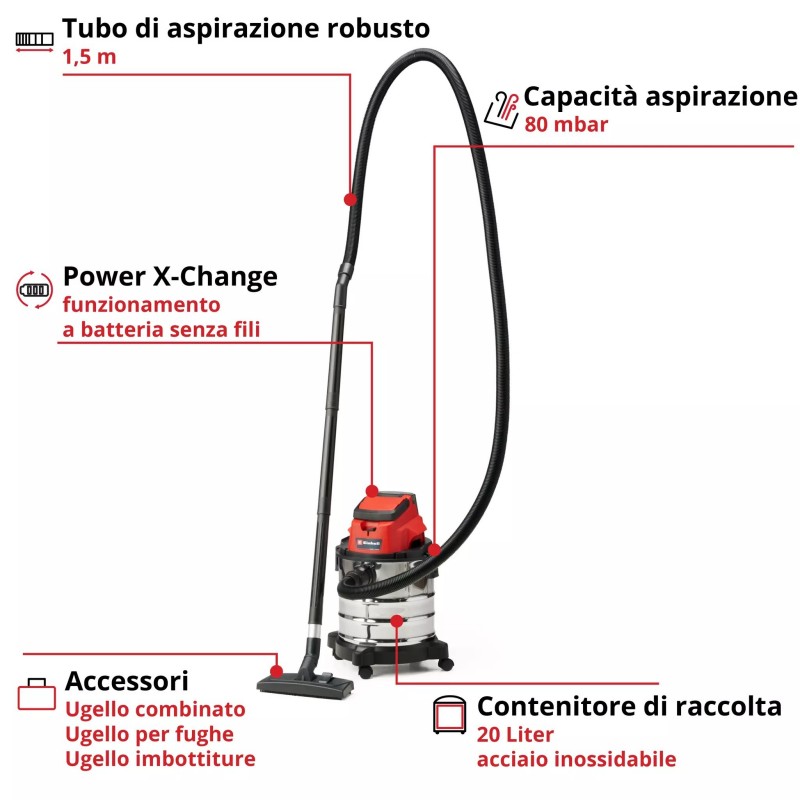 EINHELL ASPIRASOLIDI E LIQUIDI TC-VC 18/20 Li S-Solo