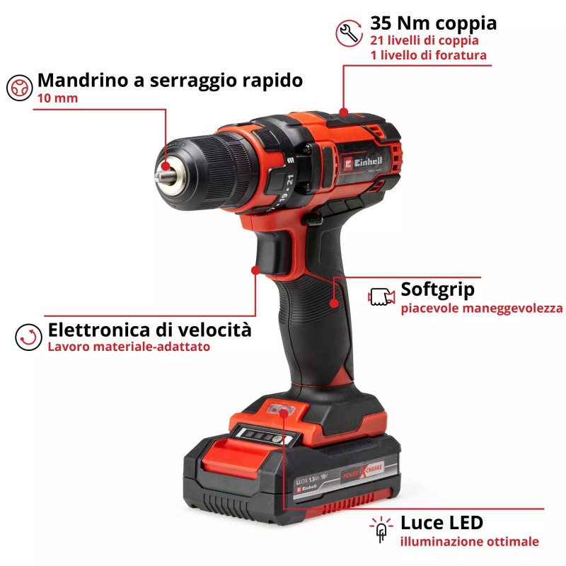 EINHELL TRAPANO AVVITATORE A BATTERIA TC-CD 18/35 Li (1x1