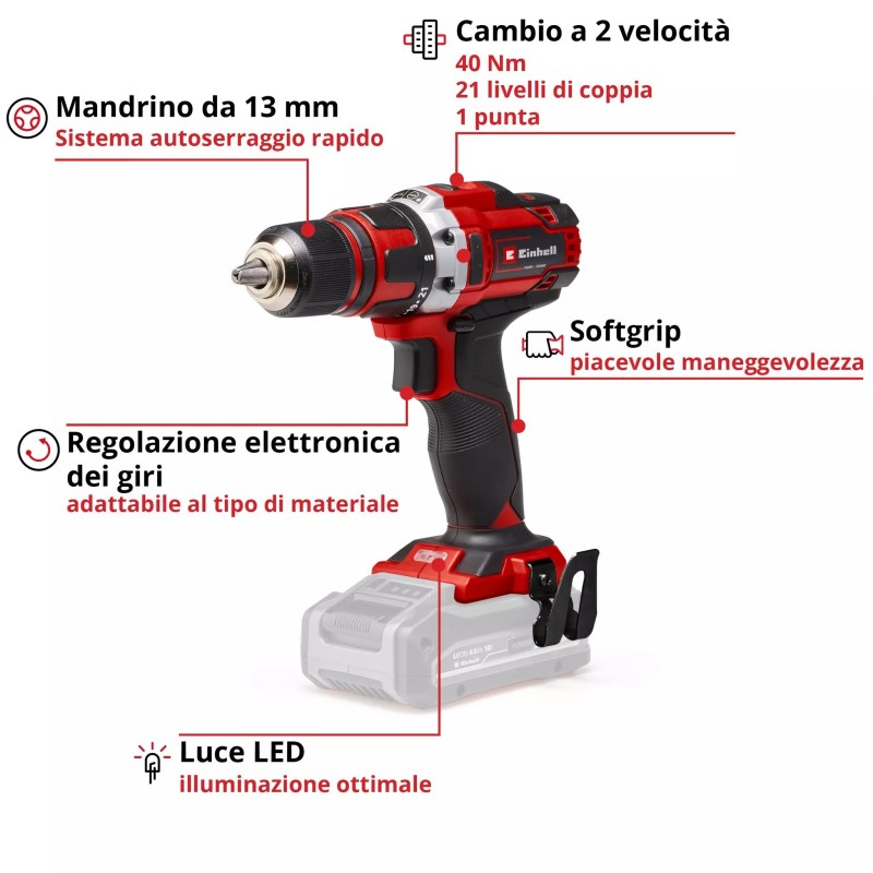 EINHELL TRAPANO AVVITATORE A BATTERIA TE-CD 18/40 Li-Solo