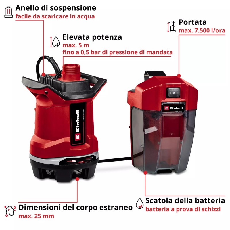 EINHELL POMPA PER ACQUE SCURE A BATTERIA GE-DP 18/25 Li-Solo