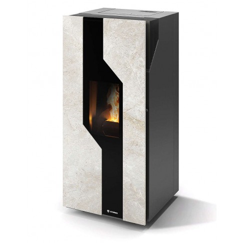 Stufa Sirmione 10 CS Thermos a pellet con bruciatore autopulente, Pietra Bianco Platino, a fumi posteriore/superiore, 10,8kW