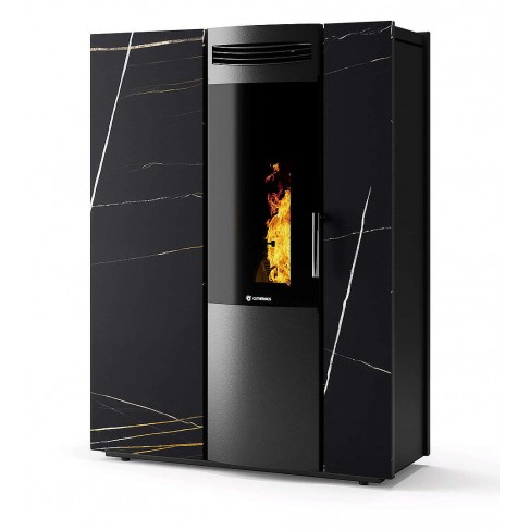 Stufa Thema 12 Stagna CS Thermos a pellet con bruciatore autopulente, Pietra Nero Azalai, a fumi posteriore/superiore, 12,5kW
