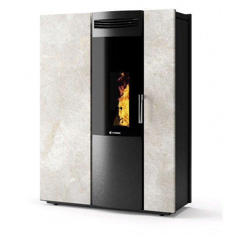 Stufa Thema 12 Stagna CS Thermos a pellet con bruciatore autopulente, Pietra Bianco Platino, a fumi posteriore/superiore, 12,5kW