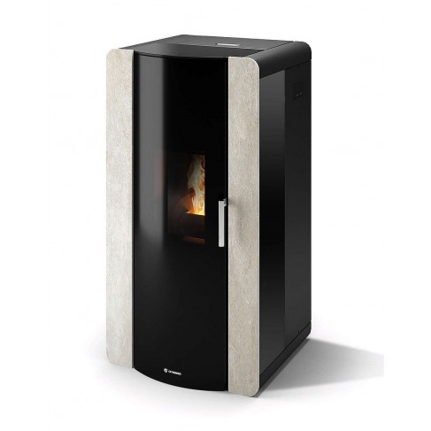Termostufa Roma 18 CS Thermos a pellet con bruciatore autopulente, Pietra Bianco Platino, a fumi posteriore/superiore, 18,4kW
