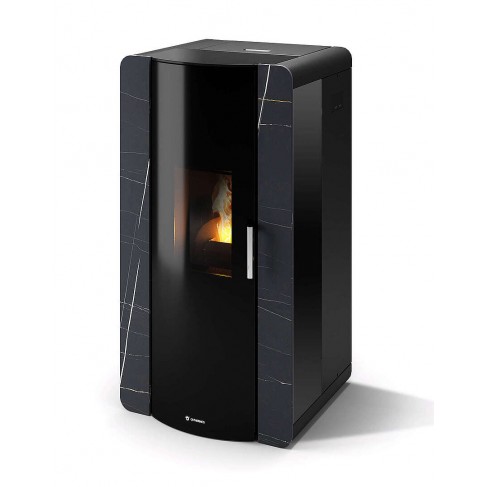 Termostufa Roma 25 CS Thermos a pellet con bruciatore autopulente, Pietra Nero Azalai, a fumi posteriore/superiore, 25,7kW