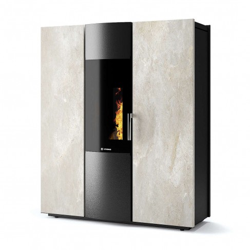 Termostufa Thema H2O 16 CS Thermos a pellet con bruciatore autopulente, Pietra Bianco Platino,15,8kW
