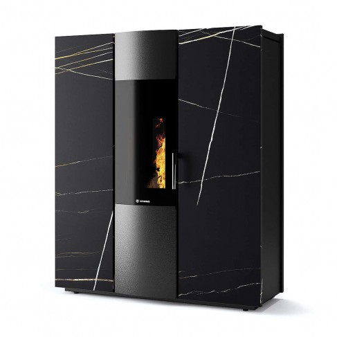 Termostufa Thema H2O 21 CS Thermos a pellet con bruciatore autopulente, Pietra Nero Azalai, a fumi posteriore/superiore, 21,1kW