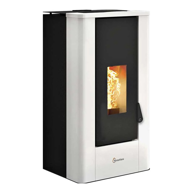 Stufa a pellet ermetica TermoVana Kube 9.0 Bianca con display e top in ceramica, 8kW